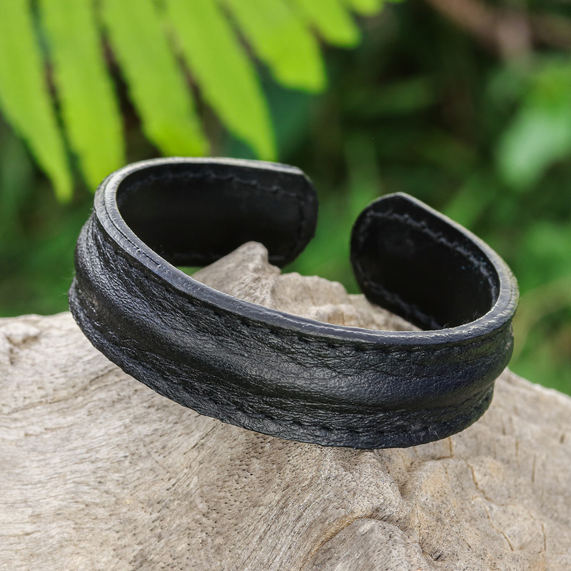 Handcrafted Black Leather Men's Cuff Bracelet from Thailand, "Basic Black"