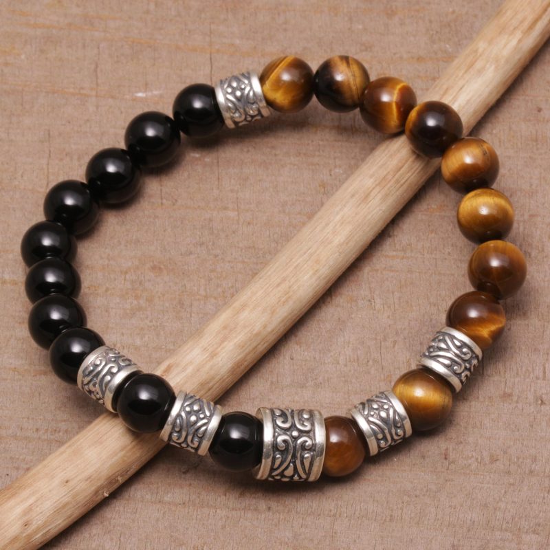 Tiger's Eye and Onyx Beaded Stretch Bracelet from Bali, "Batuan Renaissance"