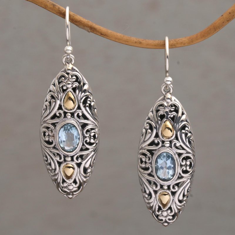 18k Gold Accent Blue Topaz Dangle Earrings form Bali, "Shields of Vines"