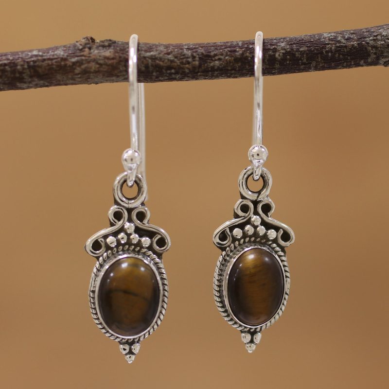 Tiger's Eye and Sterling Silver Dangle Earrings from India, "Sleek Charm"