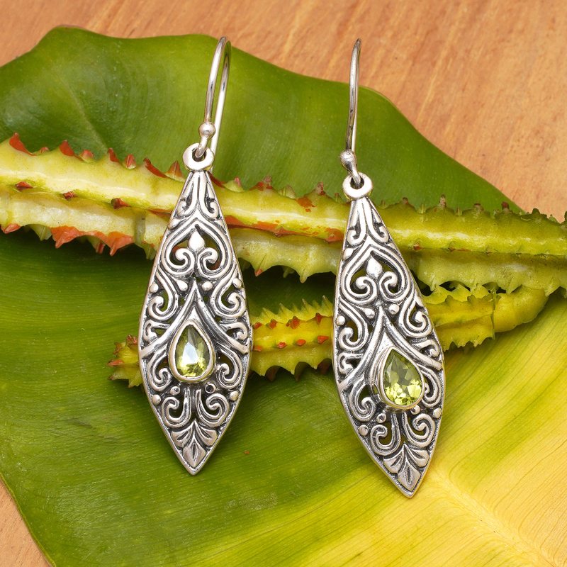 Spiral Motif Drop-Shaped Peridot Dangle Earrings from Bali, "Teardrop Spirals"