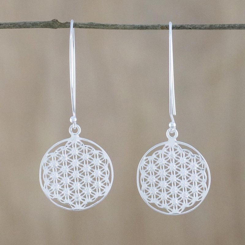 Thai Sterling Silver and Cubic Zirconia Dangle Earrings, "Fractal Circle"
