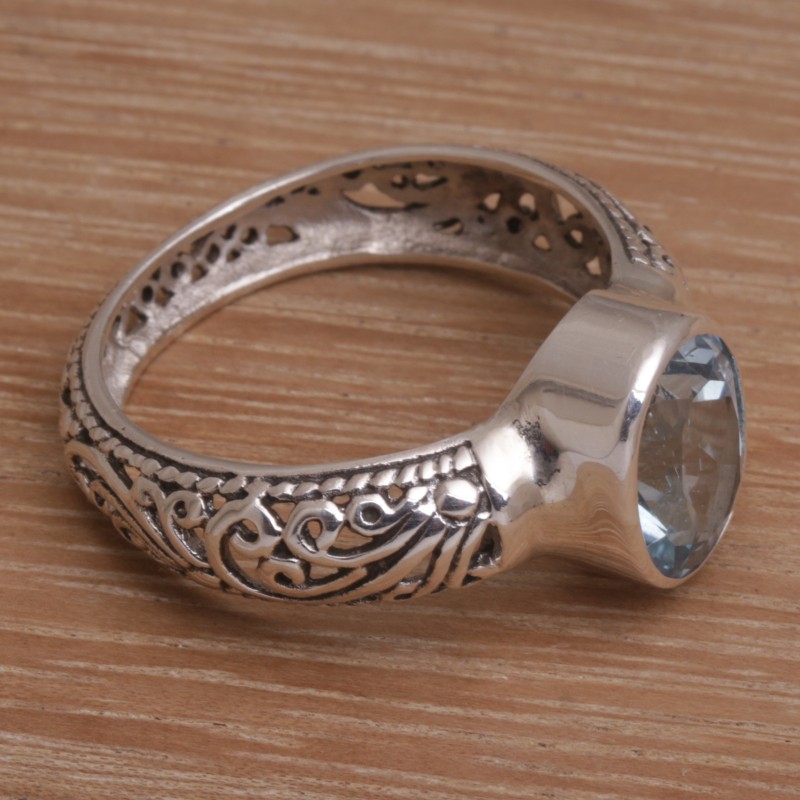 Balinese Blue Topaz and Sterling Silver Single Stone Ring, "Bali Beauty"