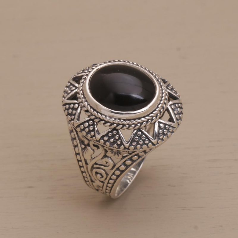 Onyx and Sterling Silver Cocktail Ring from Bali, "Midnight Light"