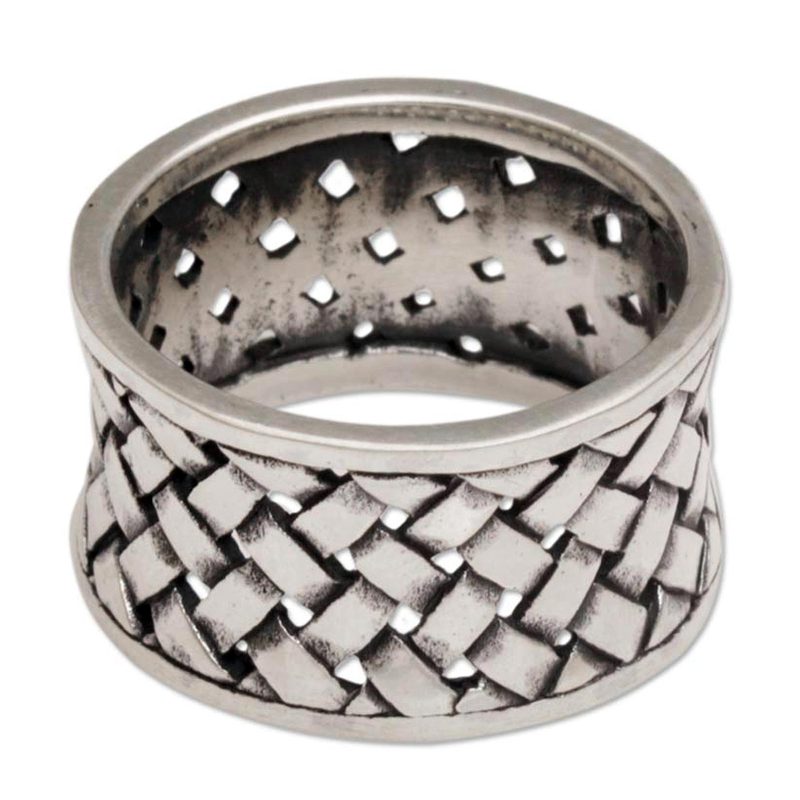 Wide Sterling Silver Band Ring with Woven Motif, "Bamboo Mat"