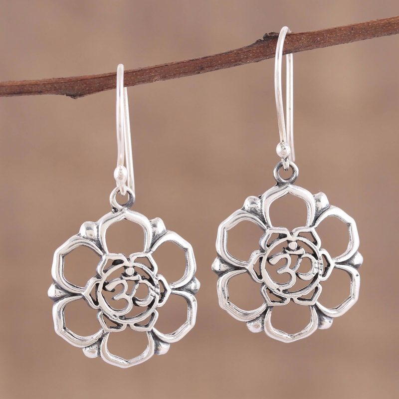 Sterling Silver Floral Om Symbol Dangle Earrings, "Floral Om"