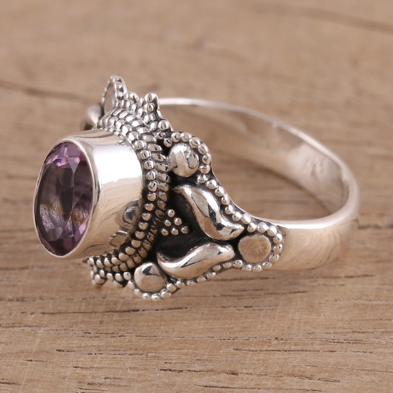 Oval Amethyst and Sterling Silver Cocktail Ring from India, "Ethereal Tendrils"