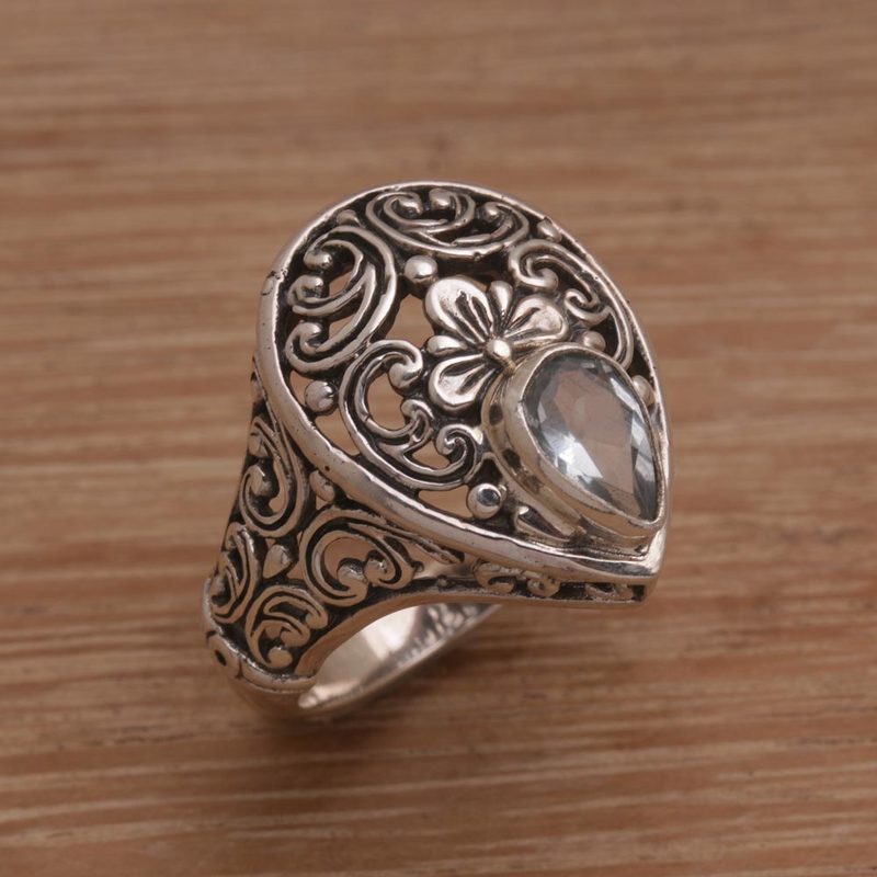 925 Sterling Silver Blue Topaz Floral Motif Cocktail Ring, "Serenade Blue"