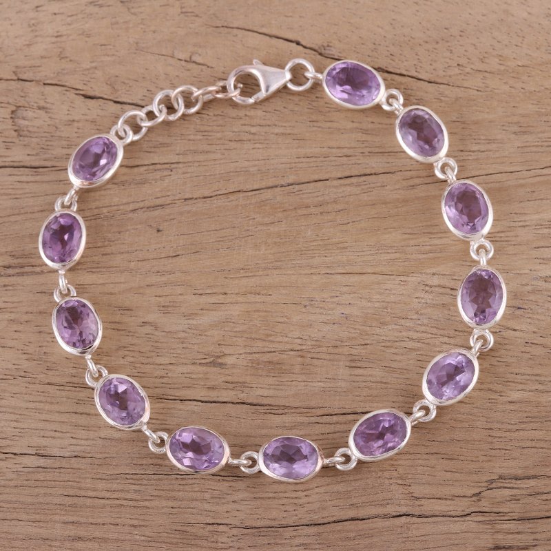 Amethyst and Sterling Silver Link Bracelet from India, "Lilac Luster"