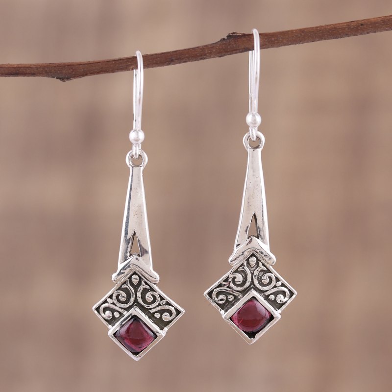Garnet and Sterling Silver Dangle Earrings from India, "Timekeeper"