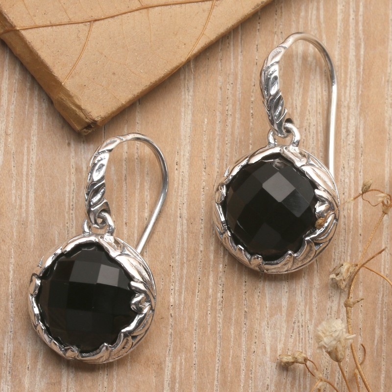 10-Carat Faceted Checkerboard Onyx Dangle Earrings from Bali, "Palatial Protection"