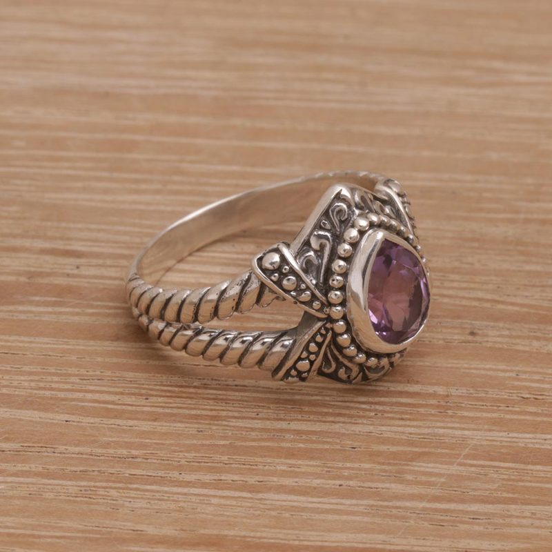 Amethyst and Sterling Silver Solitaire Ring from Bali, "Crown of Celuk"