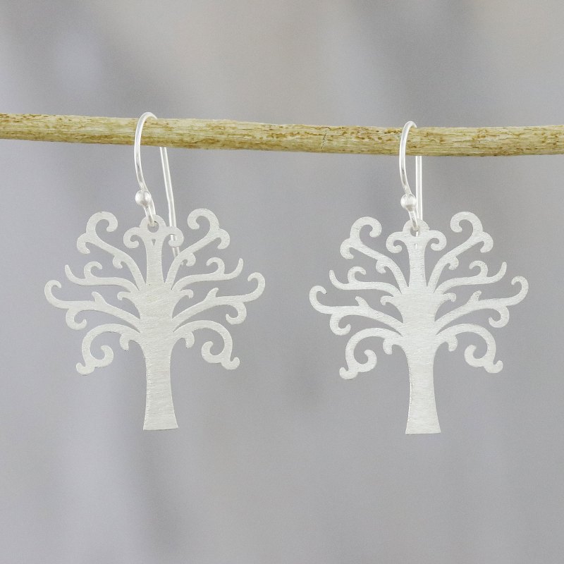 Tree-Shaped Sterling Silver Dangle Earrings from Thailand, "Life Is Natural"