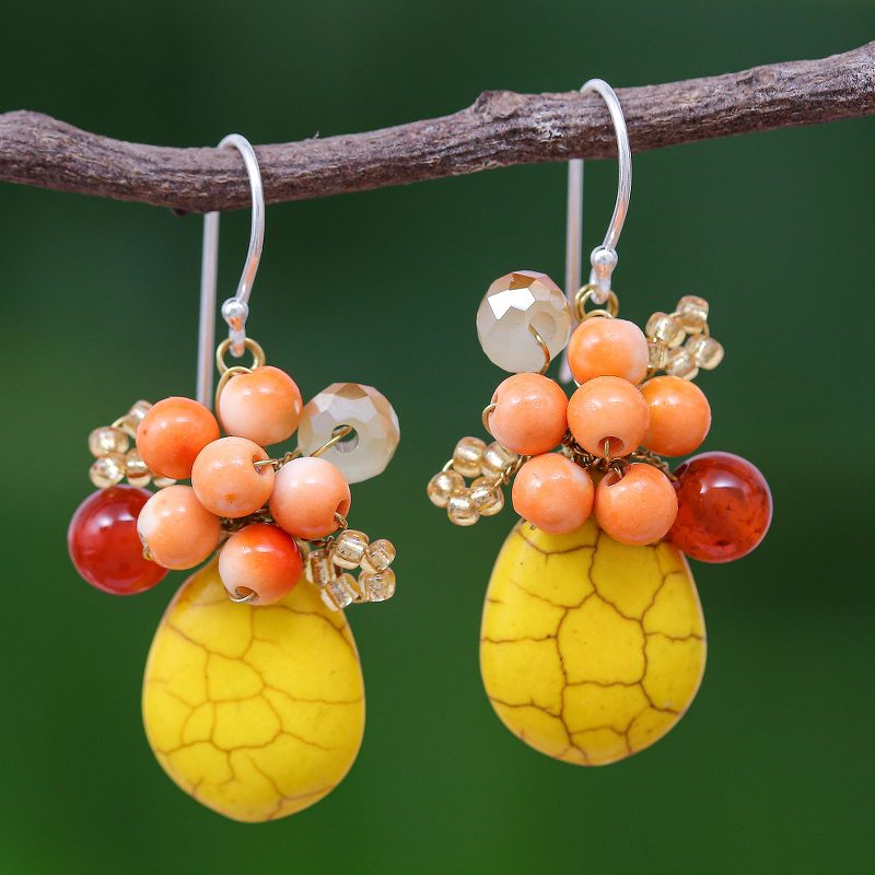 Yellow Calcite Handcrafted Modern Thai Cluster Earrings, "Yellow Holiday Dreams"