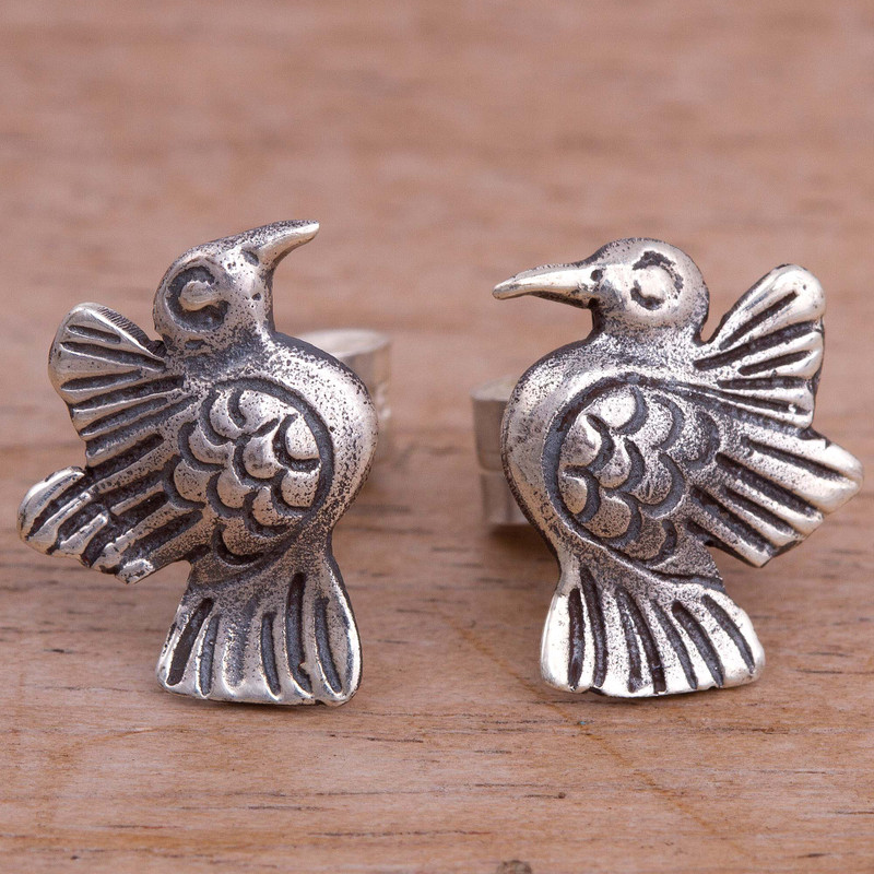 Bird-Themed Sterling Silver Stud Earrings from Peru, "Melody of Nature"