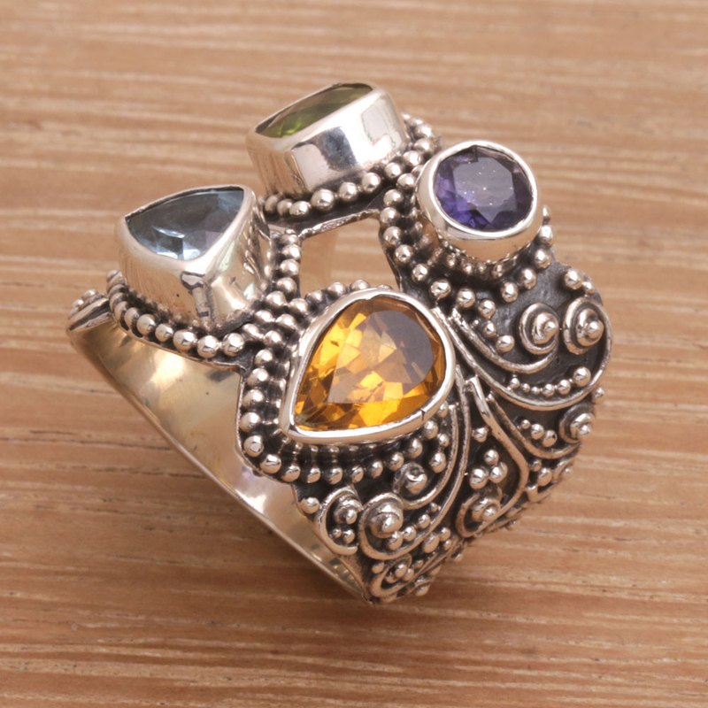 Multi-Gemstone and Sterling Silver Cocktail Ring from Bali, "Temple Quarter"
