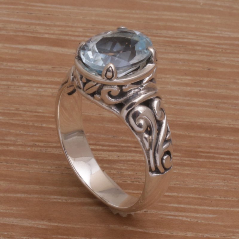 925 Sterling Silver Faceted Blue Topaz Cocktail Ring, "Floral Prayers"