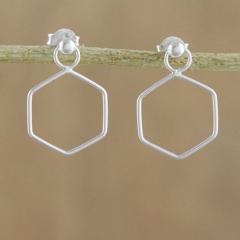 925 Sterling Silver Hexagon Shaped Frame Earrings, "Elegant Hexagon"