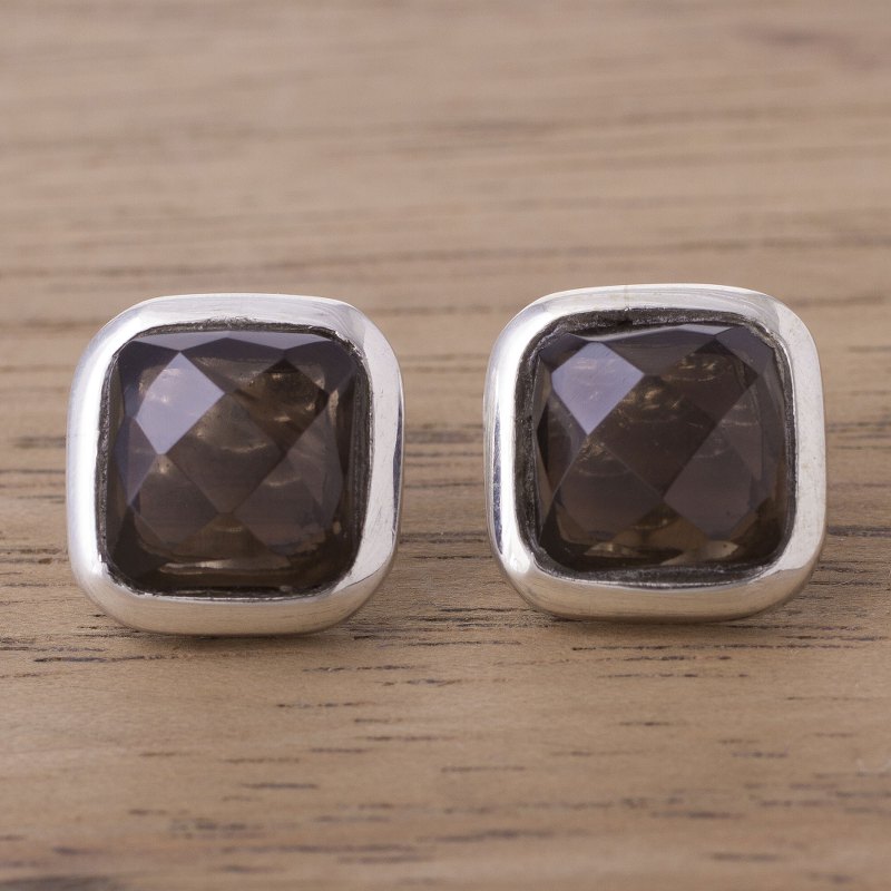 Square Smoky Quartz Button Earrings from Peru, "Square Treasures"