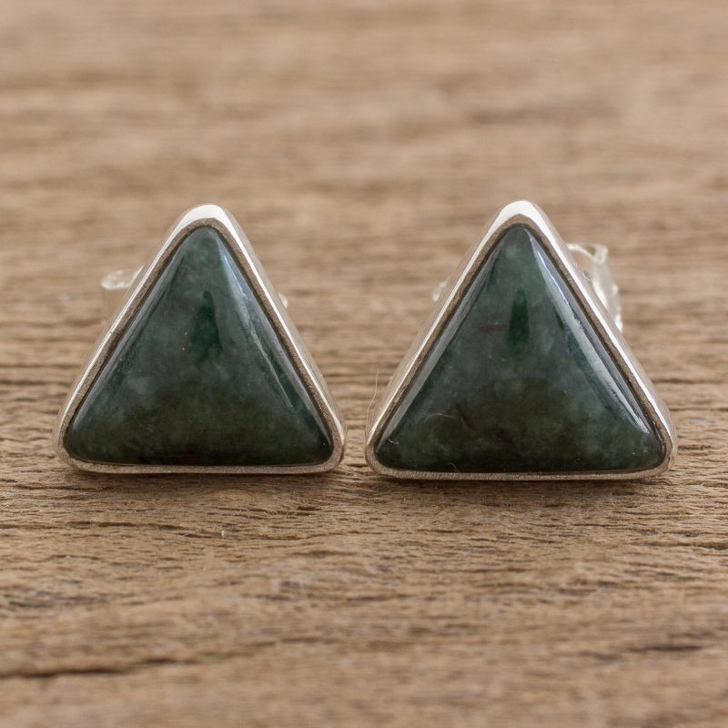 Trianglular Dark Green Jade Stud Earrings from Guatemala, "Dark Green Triangle of Life"