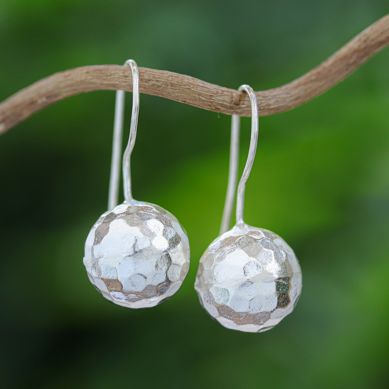 Spherical Sterling Silver Drop Earrings from Thailand, "Disco Style"