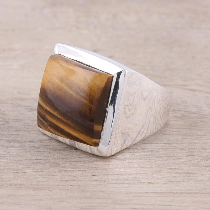 Modern Tiger's Eye Ring Crafted in India, "Might"