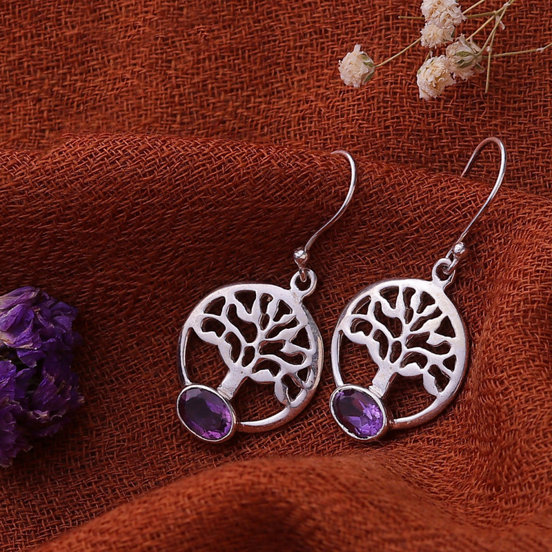 Tree Motif Amethyst Dangle Earrings from India, "Corona Trees"