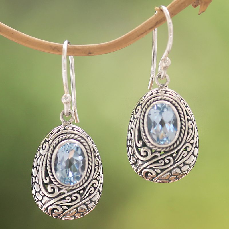 Vine Motif Blue Topaz Dangle Earrings from Bali, "Indah Vines"