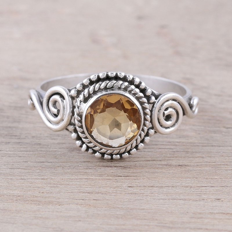 Spiral Motif Citrine Cocktail Ring from India, "Assam Allure"