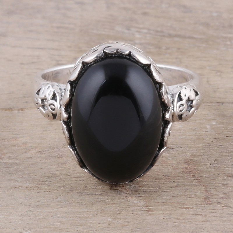 Oval Onyx Cocktail Ring in Black from India, "Glamorous Beauty in Black"