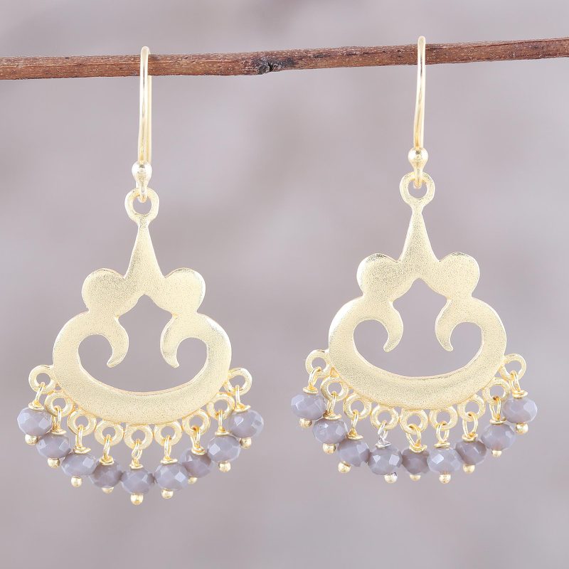 22k Gold Plated Chalcedony Chandelier Earrings from India, "Glittering Bliss"