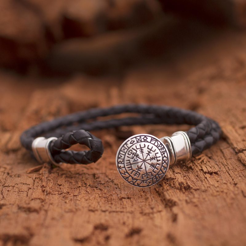 Men's Sterling Silver and Leather Bracelet from Bali, "Runic Compass"