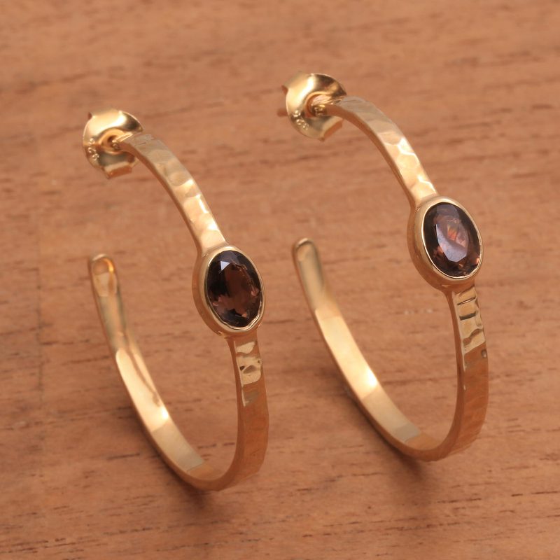18k Gold Plated Quartz Hammered Half-Hoop Earrings, "Paradox"