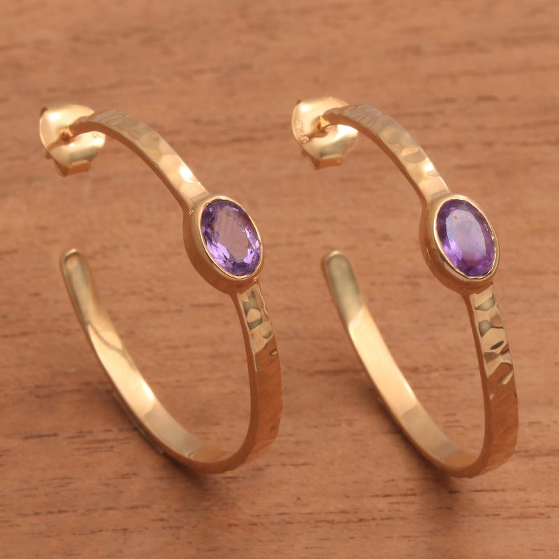 18k Gold Plated Amethyst Hammered Half-Hoop Earrings, "Paradox"