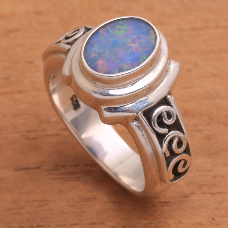 Opal Doublet Sterling Silver with Swirl Motifs Ring, "Opal Sky"