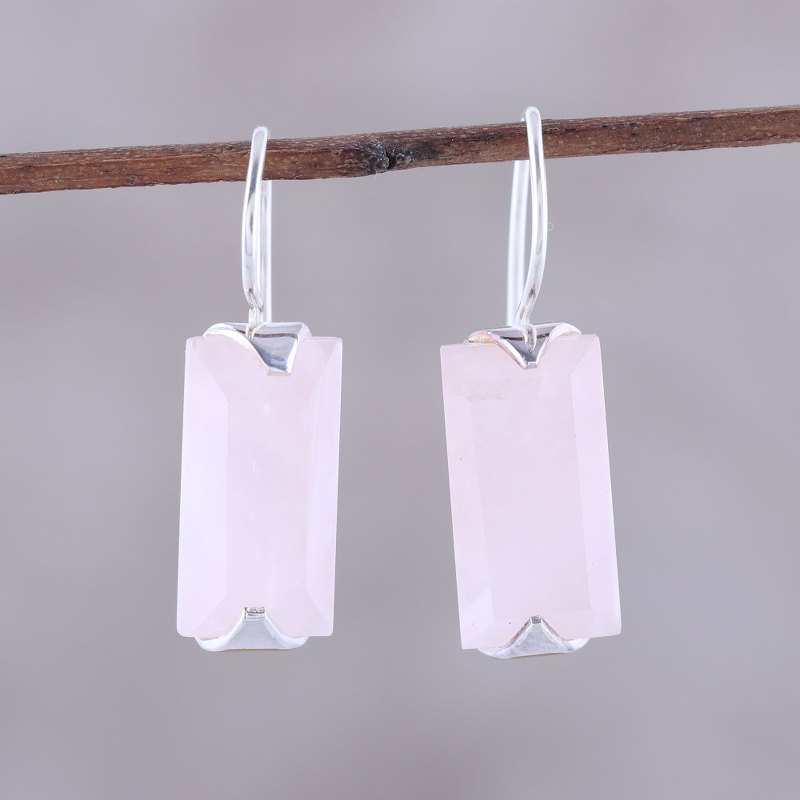 12-Carat Rose Quartz Drop Earrings from India, "Beautiful Pink"
