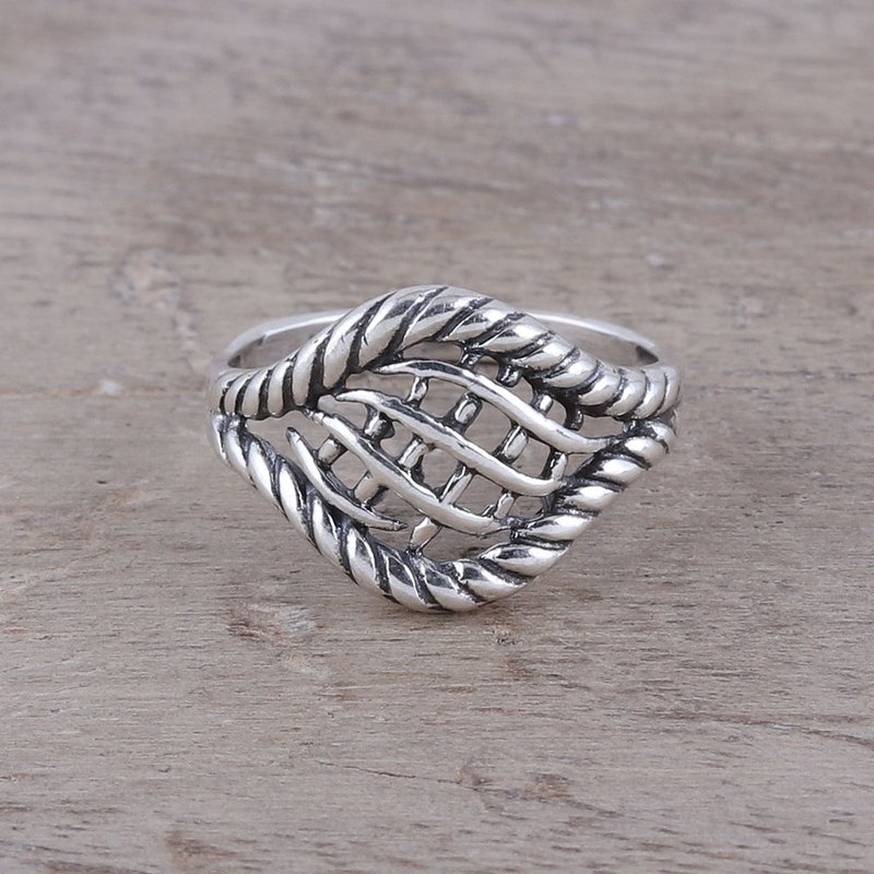 Woven Motif Sterling Silver Cocktail Ring from India, "Intertwined Elegance"