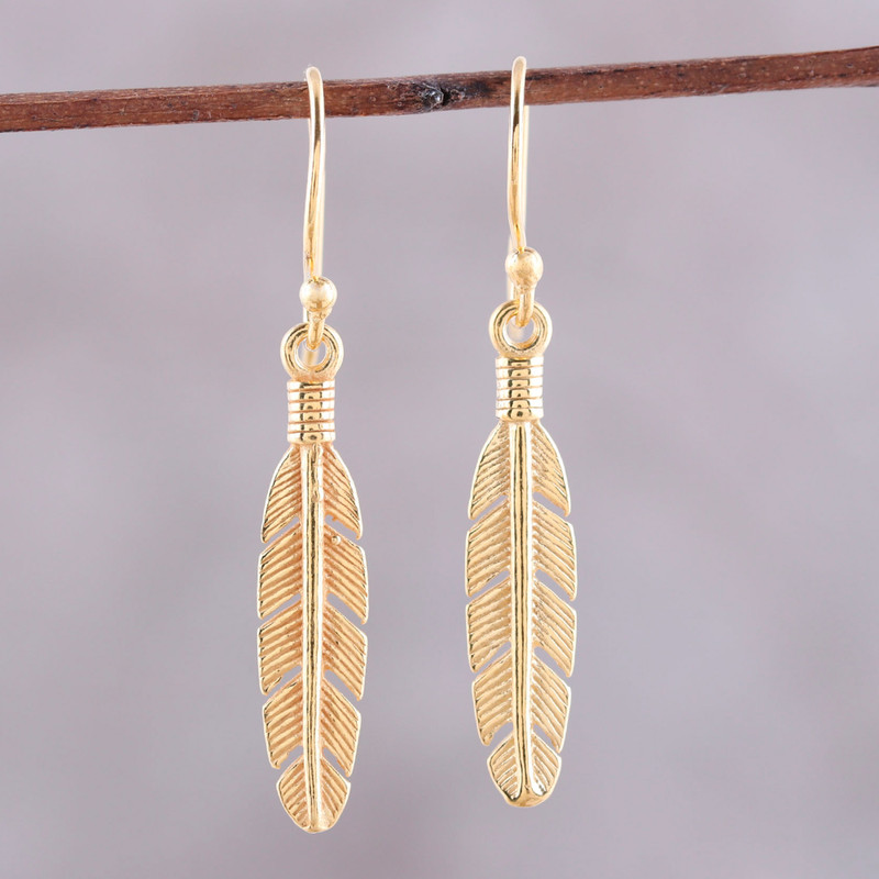 22k Gold Plated Sterling Silver Feather Dangle Earrings, "Light Touch"
