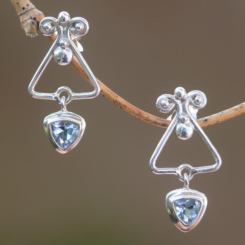 Triangular Blue Topaz Dangle Earrings from Bali, "Triangle Dew"
