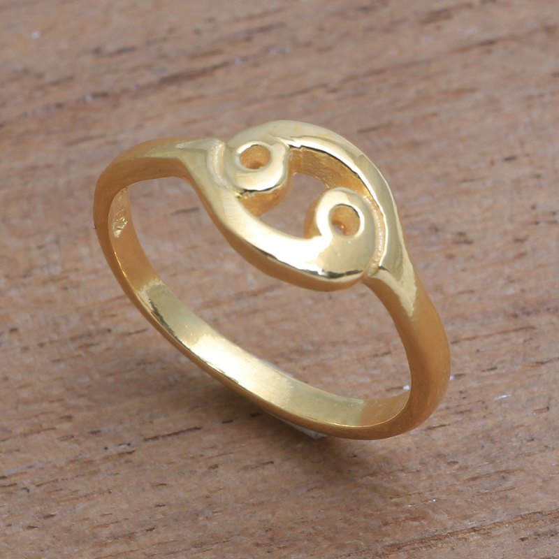 18k Gold Plated Sterling Silver Cancer Band Ring, "Golden Cancer"