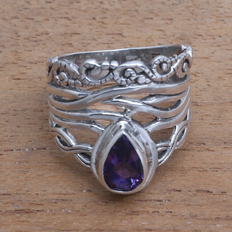 Openwork Amethyst Cocktail Ring Crafted in Bali, "Gianyar Sunset"