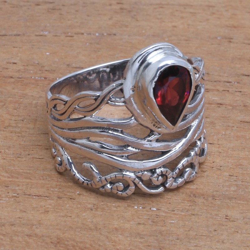 Openwork Garnet Cocktail Ring Crafted in Bali, "Gianyar Sunset"