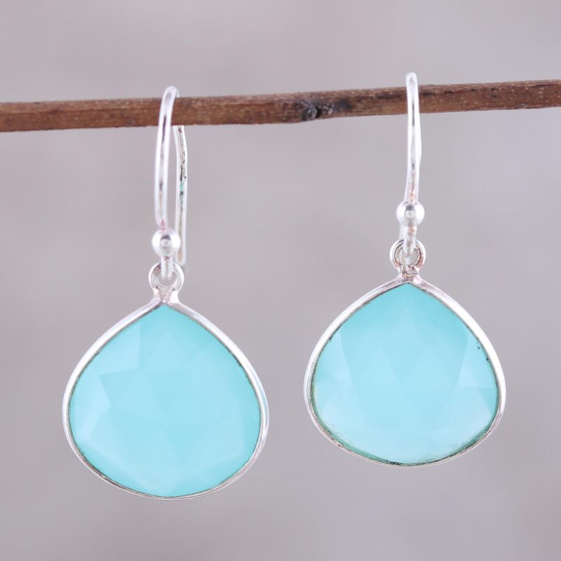 18-Carat Blue Chalcedony Dangle Earrings from India, "Dancing Soul"