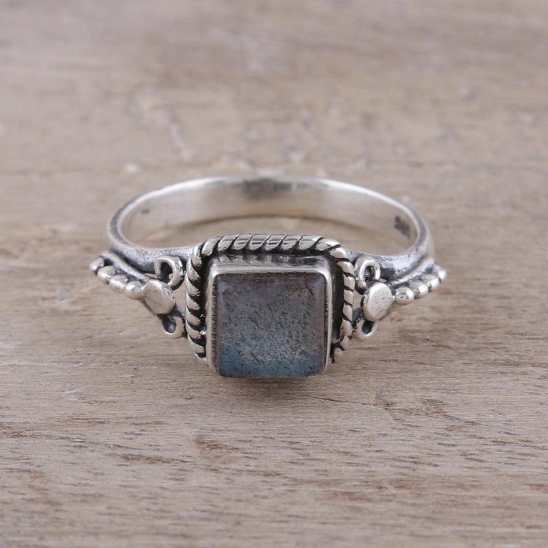 Square Labradorite Cocktail Ring Crafted in India, "Misty Depths"