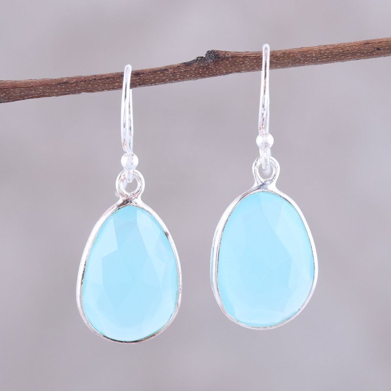 12-Carat Blue Chalcedony Dangle Earrings from India, "Radiant Sea"