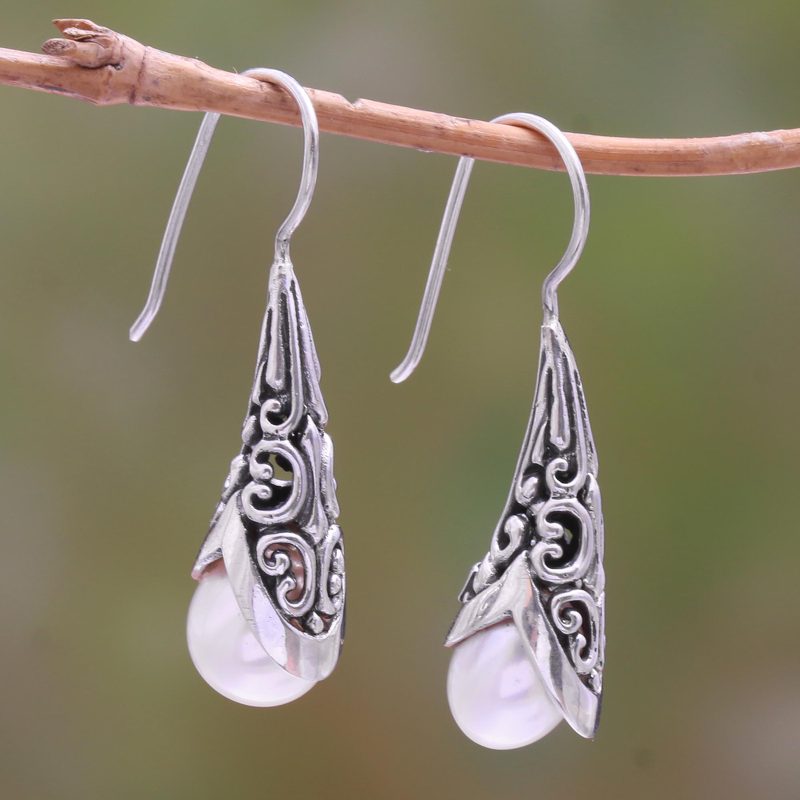 White Cultured Pearl Drop Earrings from Bali, "Emerging Beauty in White"