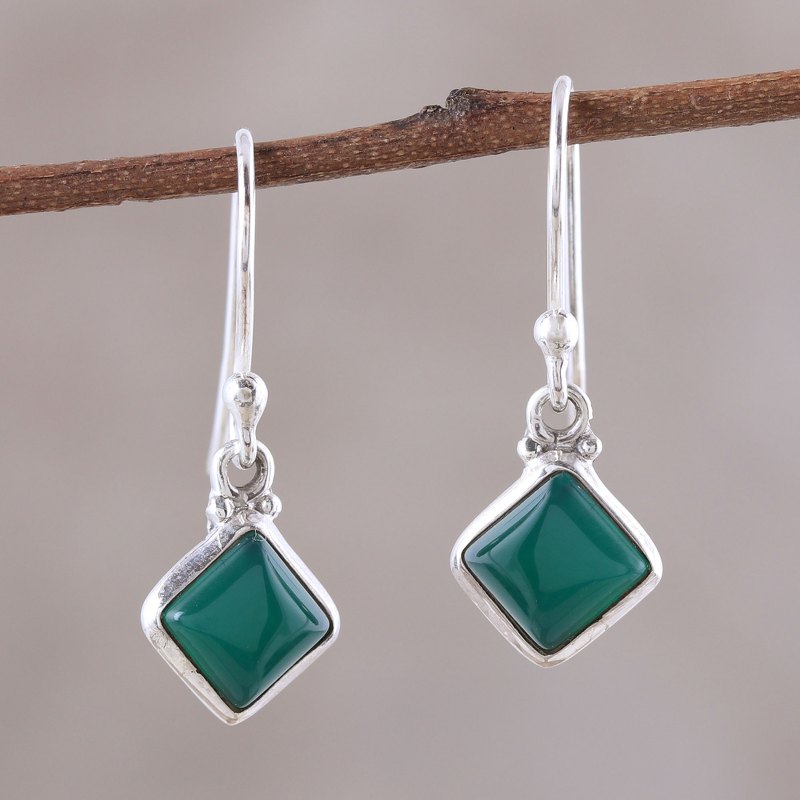 Square Green Onyx Dangle Earrings from India, "Happy Kites in Green"