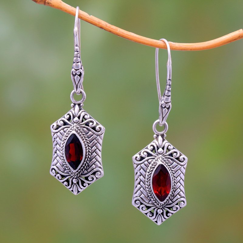 Weave Pattern Garnet Dangle Earrings from Bali, "Sanur Elegance"