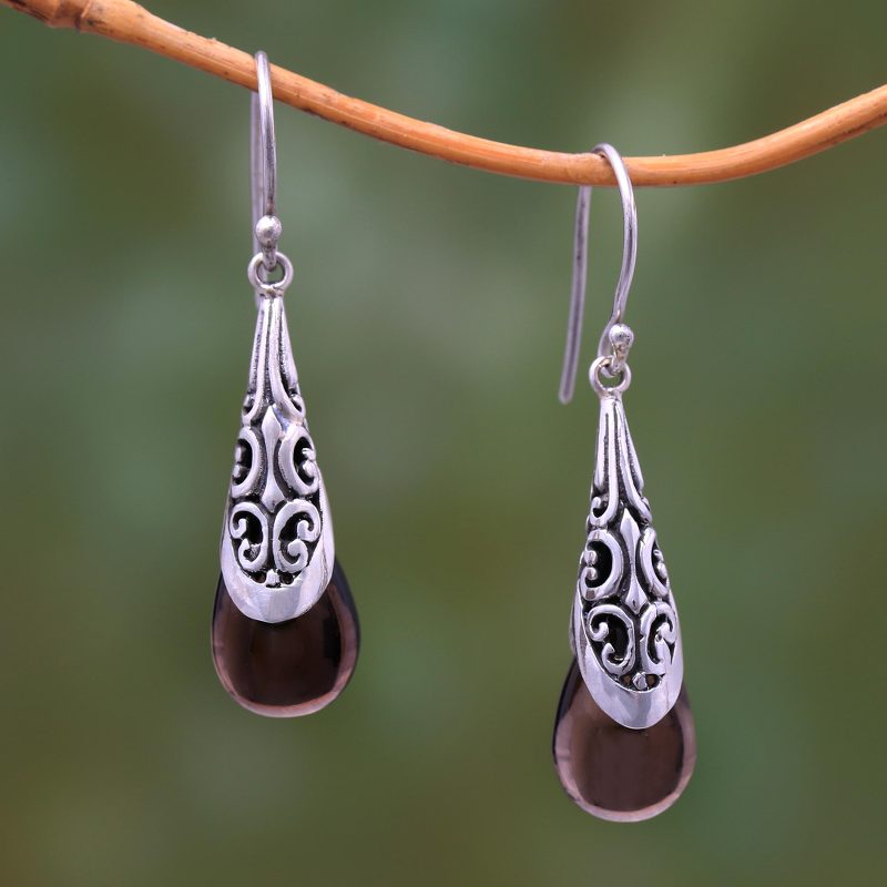 Weave Pattern Smoky Quartz Dangle Earrings from Bali, "Sanur Elegance"