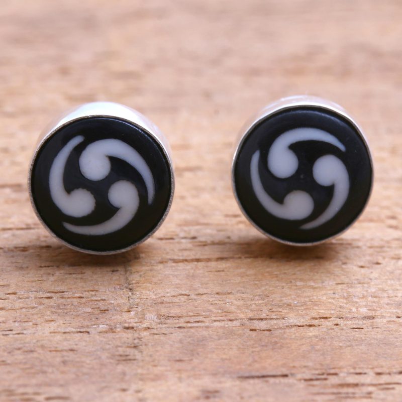 Black and White Bone Stud Earrings from Bali, "Tribal Wonder"